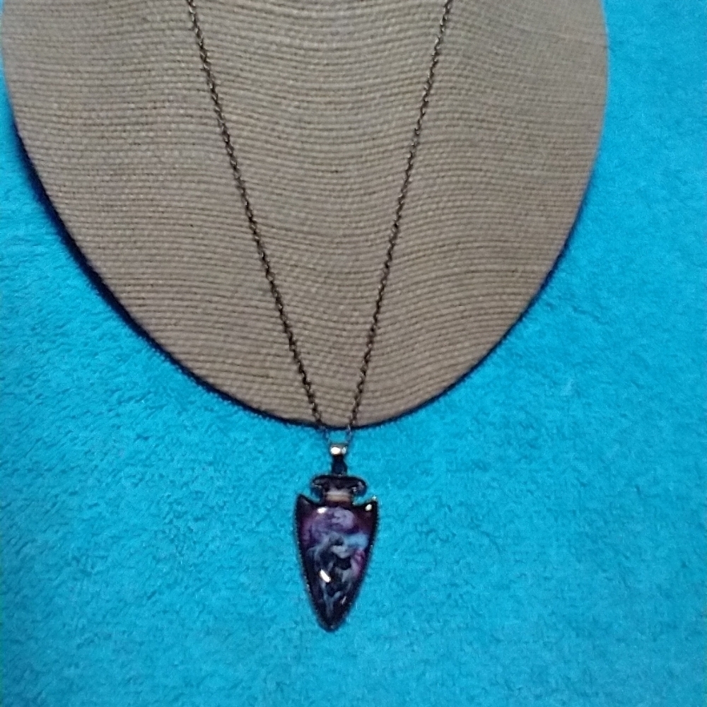 Silvertone wolf couple arrowhead moon purple blue chain necklace - Picture 5 of 5